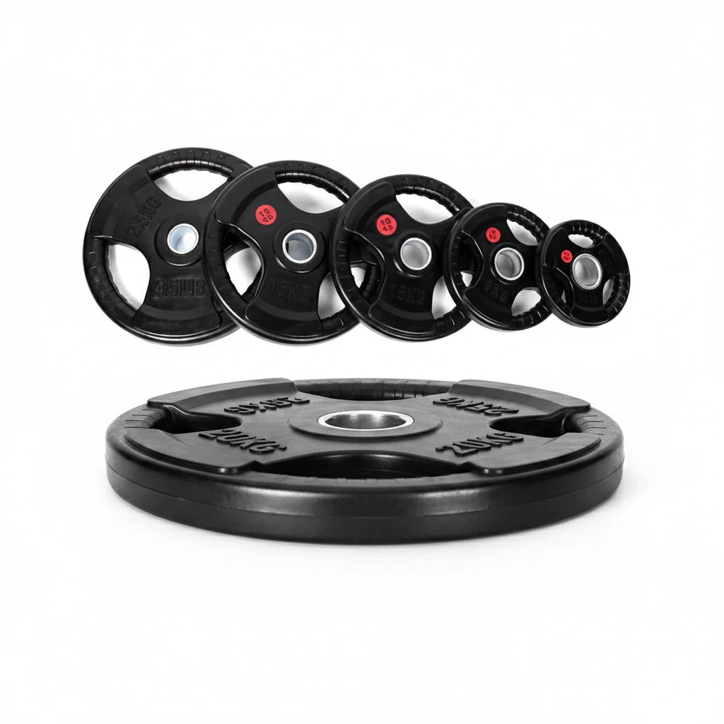 modernfitness rubber tri-grip olympic weight plates in various sizes with steel core and protective black coating
