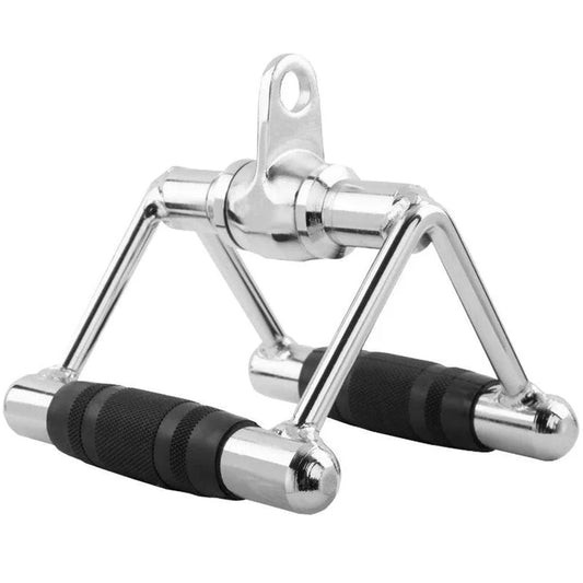 Modern Fitness chrome steel cable pulley attachment with black textured foam grips, shown on a solid white background.