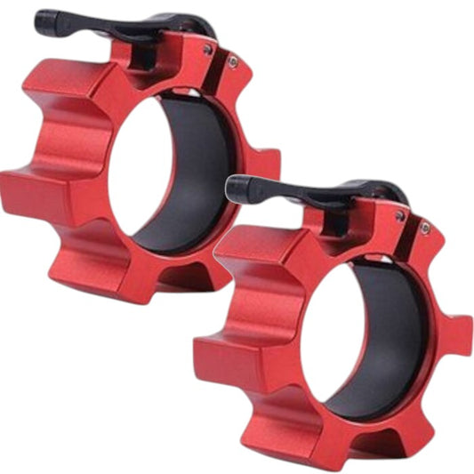 Two red Modern Fitness Easy Locking Barbell Clips for use with Barbell