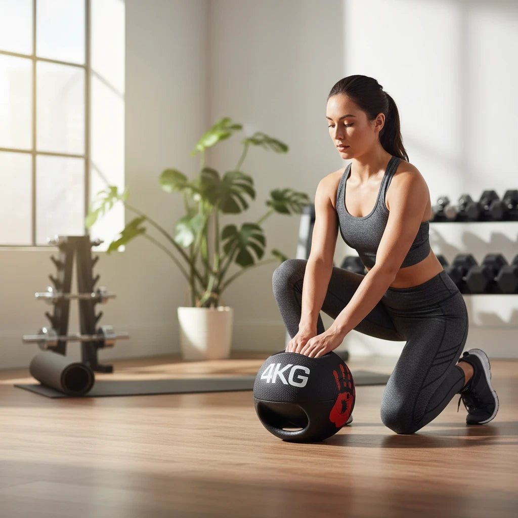 modernfitness dual handle medicine ball in black with 4kg weight label, held by a woman in a home gym setting.