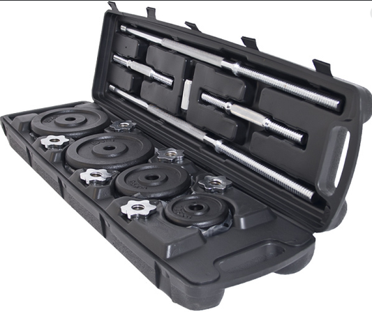 50kg Cast Iron Dumbbell & Barbell Set — 20 Plates, 2 Bars & Carry Case