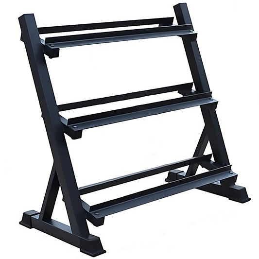 Modern Fitness black metal multi-tier weight rack with four levels, shown on a plain white background.