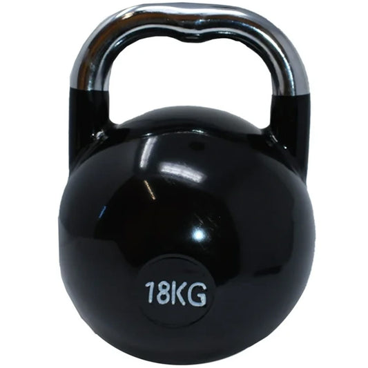 Modern Fitness 18KG black kettlebell with a polished chrome handle, shown against a plain white background.