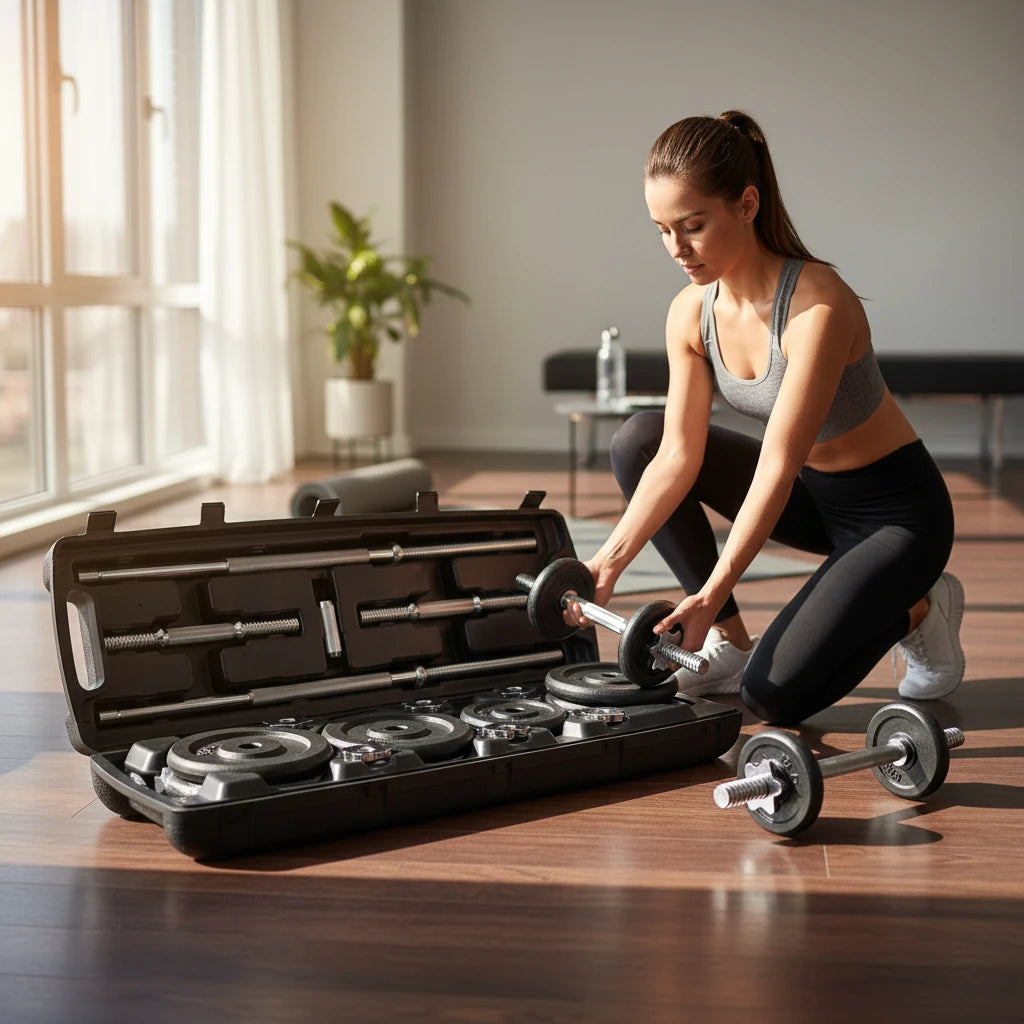 modernfitness 50kg cast iron dumbbell and barbell set with woman organizing weights in a home gym carry case