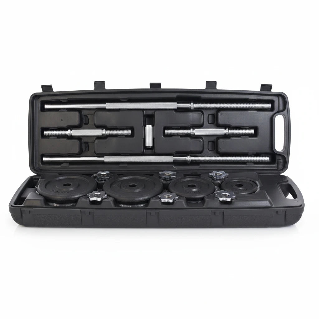 modernfitness 50kg cast iron dumbbell and barbell set with chrome bars and weight plates in a black carry case