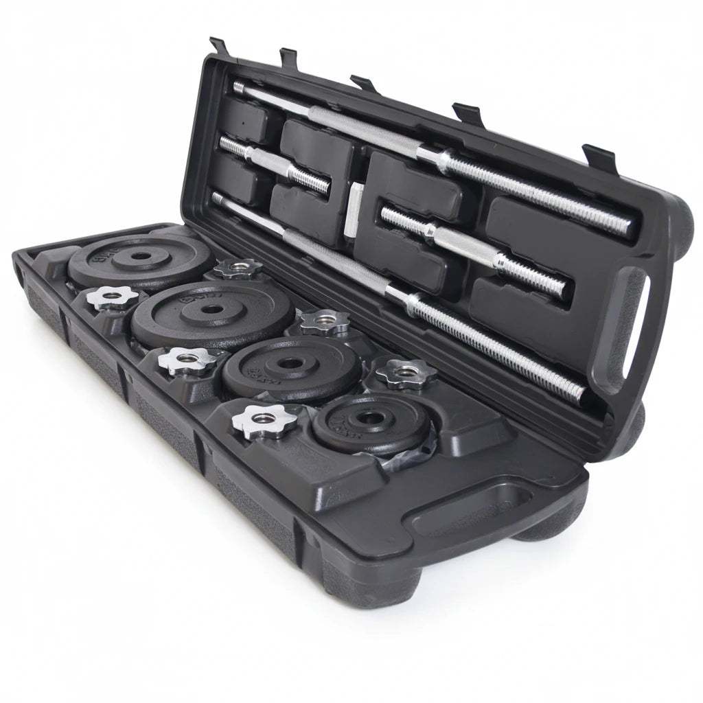 modernfitness 50kg cast iron dumbbell and barbell set with chrome spinlock bars and plates in a black carry case