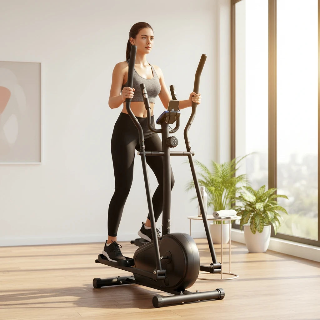 modernfitness elliptical cross trainer in a bright home gym with a woman performing a low-impact cardio workout