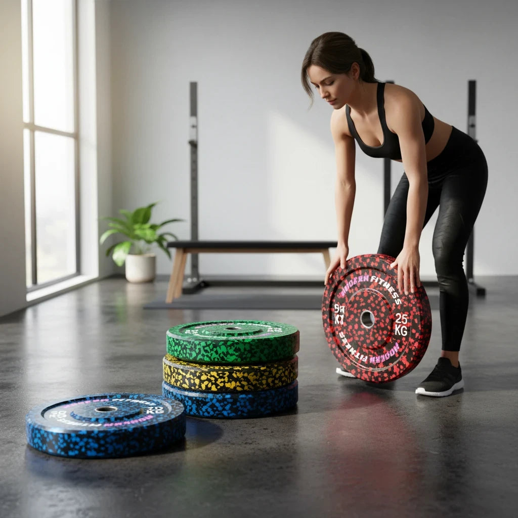 modernfitness camouflage rubber Olympic weight plates in blue, yellow, green, and red stacked in a gym setting
