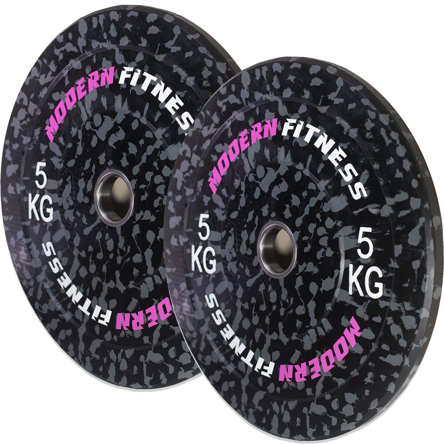 modernfitness 5kg camouflage rubber olympic weight plates in black and grey with pink branding, sold as a pair.