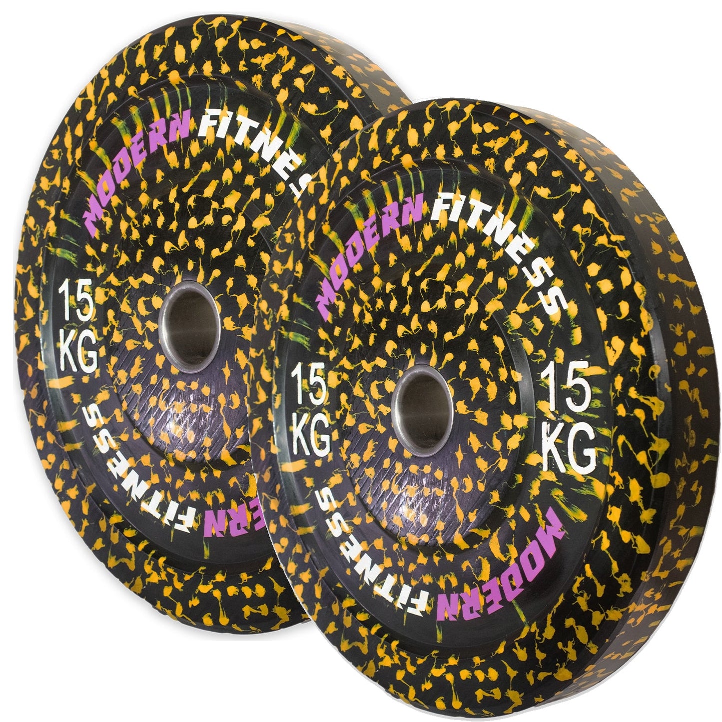 modernfitness 15kg camouflage rubber olympic weight plates with yellow and black speckled design in a pair