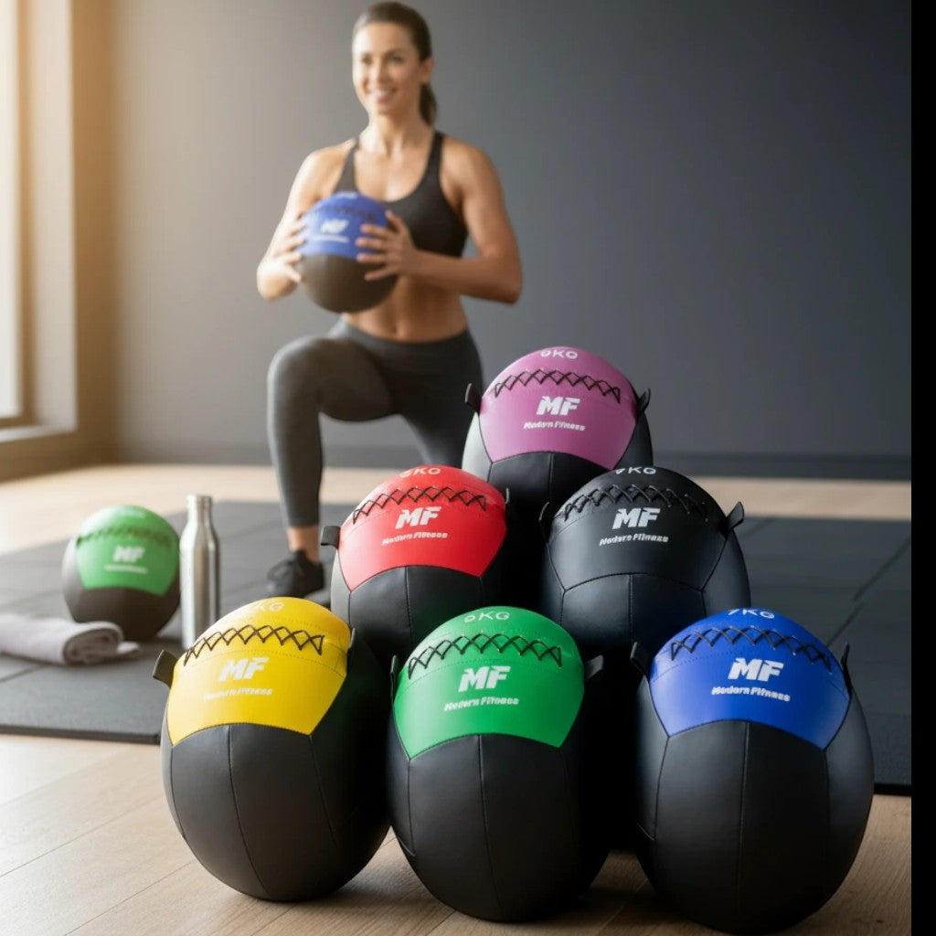 modernfitness color-coded wall balls in various weights stacked in a gym with a woman performing a lunge in background