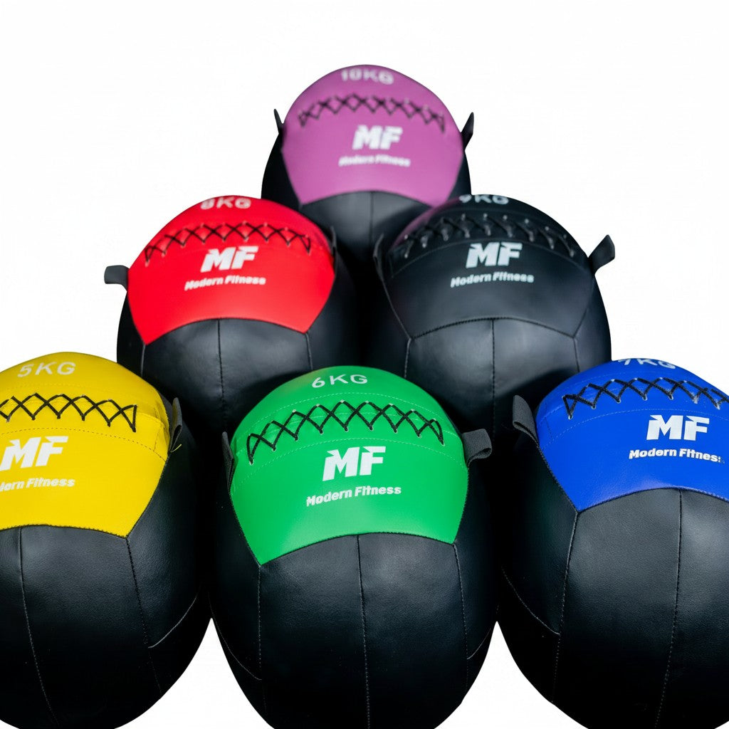 modernfitness color-coded wall balls ranging from 5kg to 10kg with durable textured PU construction for gym training