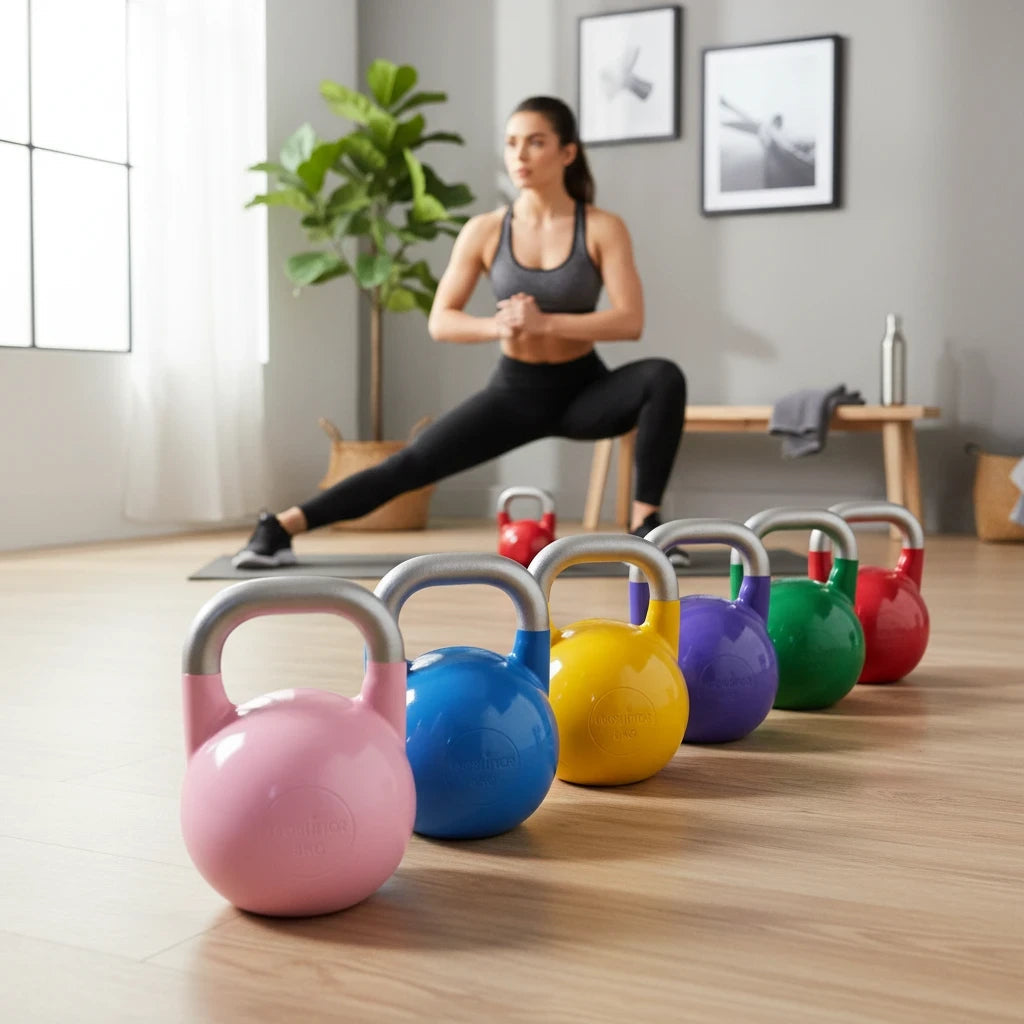 modernfitness competition grade solid steel kettlebells in various colours arranged in a home gym with a woman