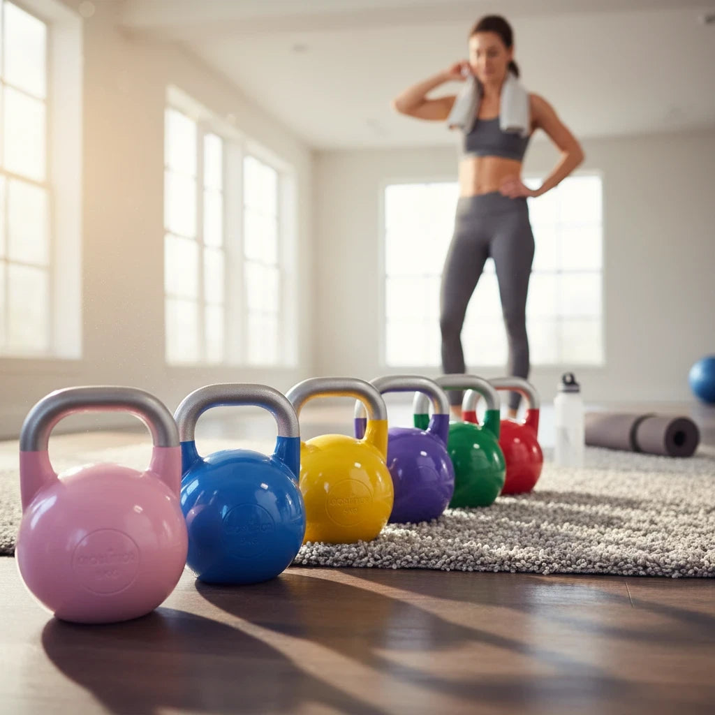 modernfitness competition grade solid steel kettlebells in various colours lined up in a bright gym with a woman