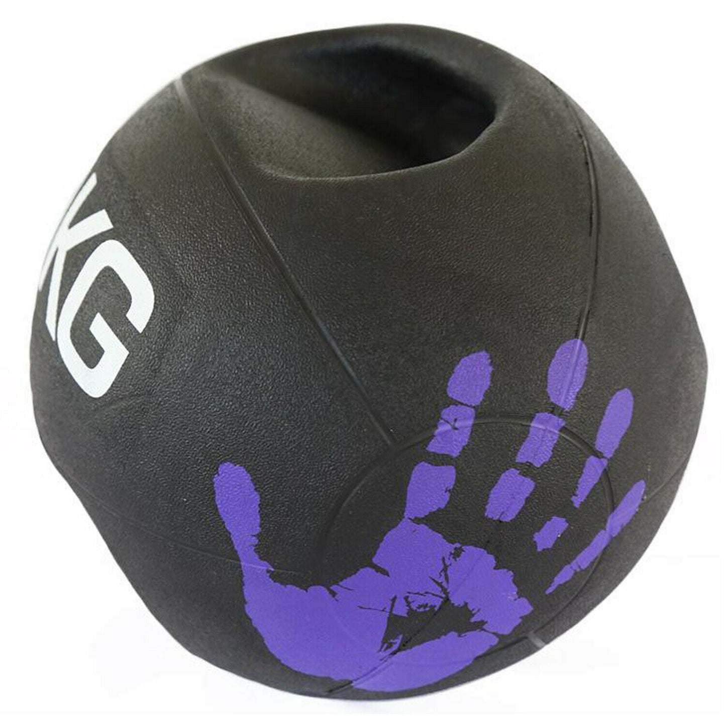 modernfitness black dual handle medicine ball with purple handprint graphic for strength and core training