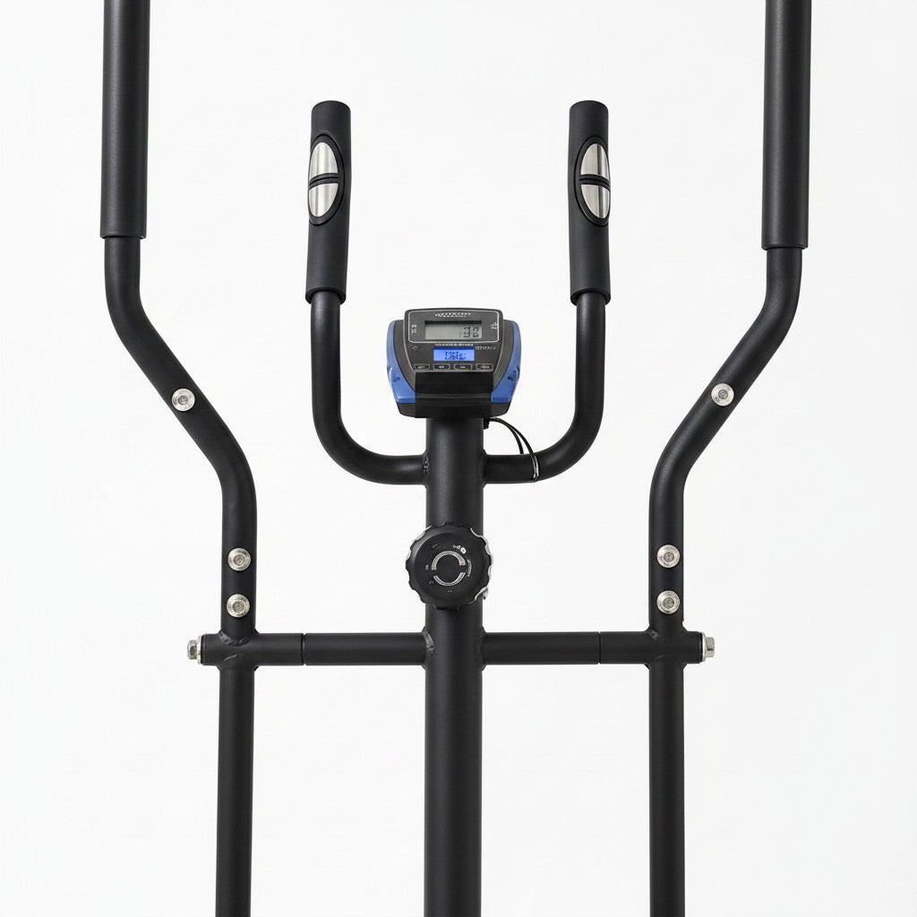 modernfitness elliptical cross trainer with black steel frame, digital display, and ergonomic handles for home gym