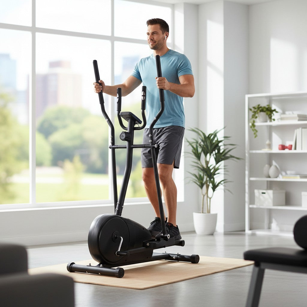 Man using a modernfitness elliptical cross trainer in a bright home gym for a low-impact cardio workout