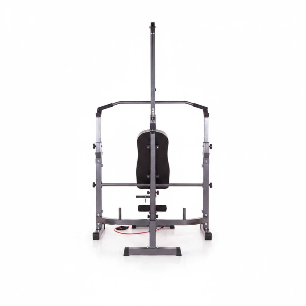modernfitness multi-station weight bench with lat pulldown and leg extension in grey powder-coated steel