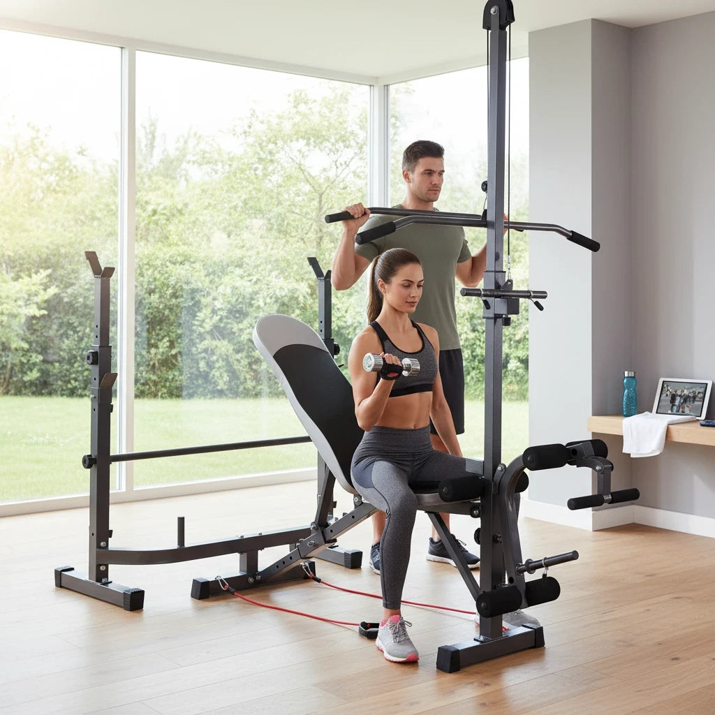 modernfitness multi-station weight bench with a woman performing bicep curls while a man uses the lat pulldown bar