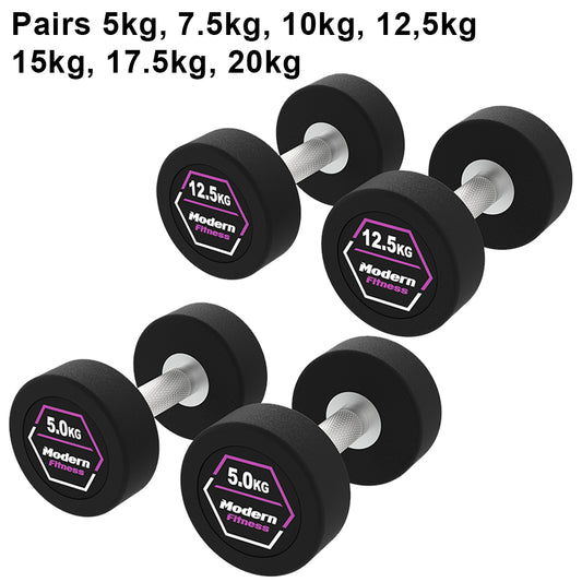 Modern Fitness branded pairs of black rubber dumbbells in weights 5.0kg, 12.