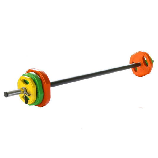 A Modern Fitness black metal barbell 30kg weight set with colorful weight plates in orange, yellow, and green, shown on a plain white background.