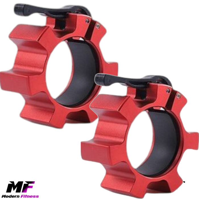 Aluminium metal barbell clamps in red from Modern Fitness