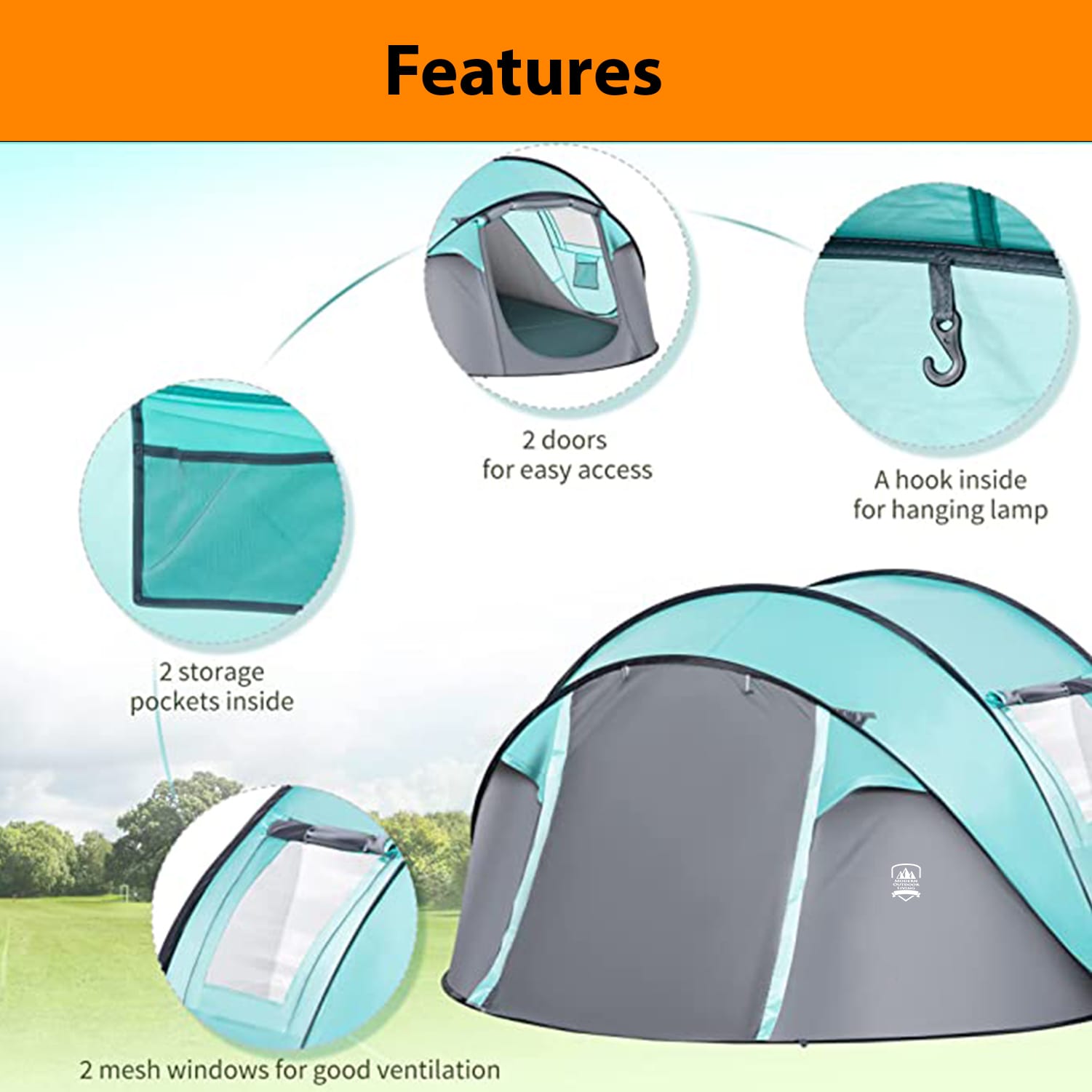 Camping Tent 4 Man Pop Up Tent Instant Pitch In Under 5 Seconds, Waterproof - Includes Carry Case - Image 3