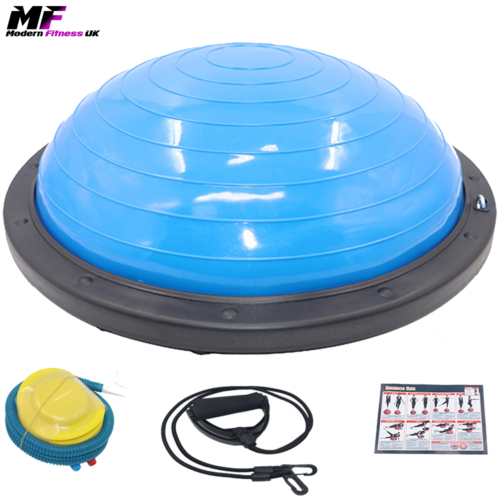 Bosu balance balls with resistance bands- blue bosu ball from Modern Fitness