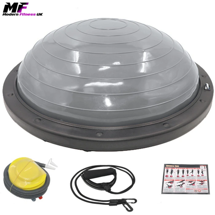 bosu balance balls with resistance bands. Grey Bosu Ball from Modern Fitness with resistance bands and a pump.